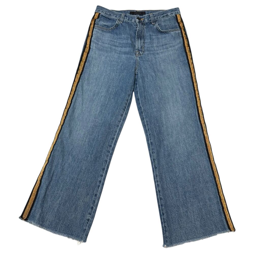 J Brand Joan Crop Jeans Wide Leg Ankle Length Blue Denim Gold Stripe USA Size 27